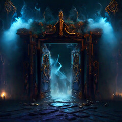 magical view of opened gate portal in a dark room. Glittering, fairytale and smoky Transition...