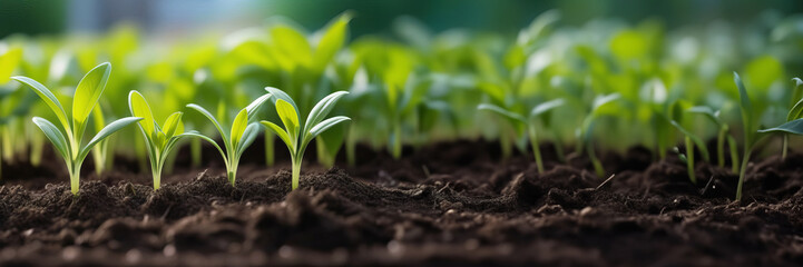 Close-up tender first sprouts of soybean in the open field over sunrise. Agricultural plants. The soybean plant stretches towards sun. plant tree. Copy space banner. Close-Up Of Fresh Green Plant