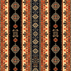 Ethnic ikat seamless pattern geometric abstract designs with traditional motifs.