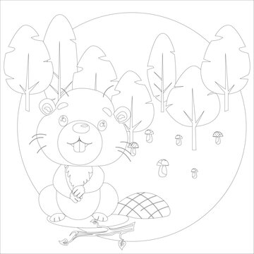 Vector children's illustration for young children. A beaver with a branch from a tree.