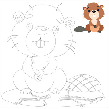 Vector children's illustration for young children. A beaver with a branch from a tree.