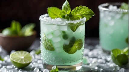 A close up shot of a frosty mint mojito with condensation beads