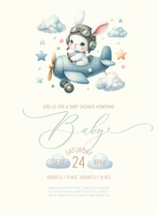 Cute baby shower watercolor invitation card with bunny pilot on an airplane.