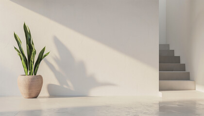 white interior room with plant and stairs in the background