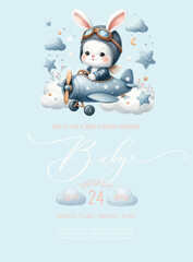 Cute baby shower watercolor invitation card with bunny pilot on an airplane.