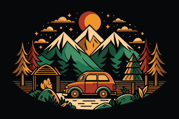 Black background, vintage charm - our camping illustration brings the past to life on your t-shirt. Get yours now!