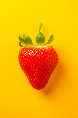 Single strawberry isolated on yellow background, top view