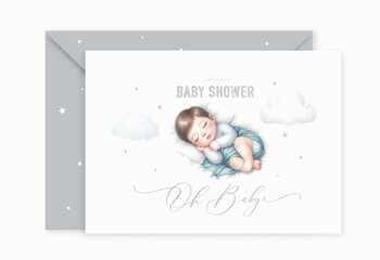 Watercolor Baby Shower Invitation templates with cute newborn baby sleeping on cloud. For baby boy.