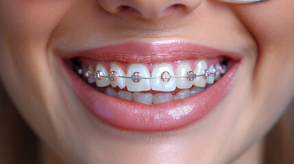 Obraz premium Charming female smile with white teeth in braces,generative ai