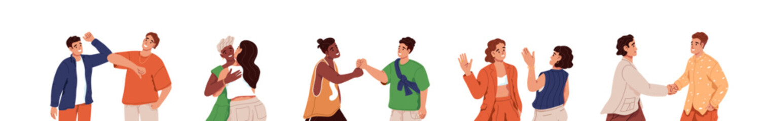 People greeting each other set. Friends gesturing welcome. Different manner of hello: formal handshake, hand waving, elbow or fist bump, hugging. Flat isolated vector illustration no white background © Paper Trident