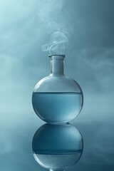 A single round flask with blue liquid emits wisps of vapor on a reflective surface