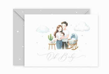 Watercolor Baby Shower Invitation templates with cute happy family with a small newborn baby.