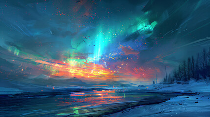 Northern lights and winter landscape.