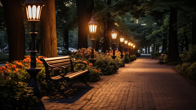 A beautiful alley with a bench in the park in the evening in the light of lanterns. Generated by artificial intelligence