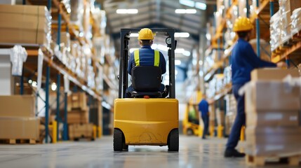 Fototapeta premium Warehouse logistics and worker drive with forklift.