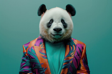 Stylish panda in vibrant suit and teal shirt against muted green studio backdrop - obrazy, fototapety, plakaty