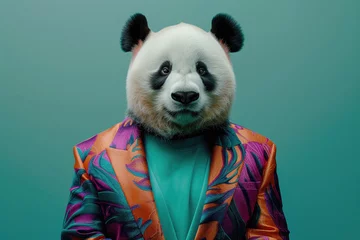 Foto op Plexiglas Stylish panda in vibrant suit and teal shirt against muted green studio backdrop © boxstock production