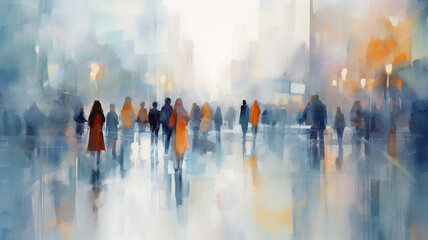 watercolor urban style crowd of people blurred background in gray and light blue November, December seasonal poster - obrazy, fototapety, plakaty