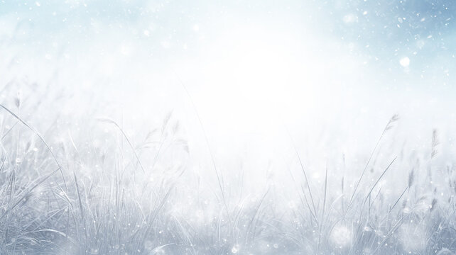 beautiful winter background, blurred snowfall in the field, dry blades of grass covered with snow and frost, nature