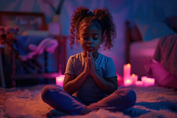African American girl prays to god in dark children room. Cinematic effect - obrazy, fototapety, plakaty