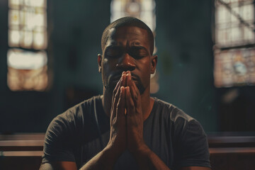 African American man praying in church. Cinematic effect - obrazy, fototapety, plakaty