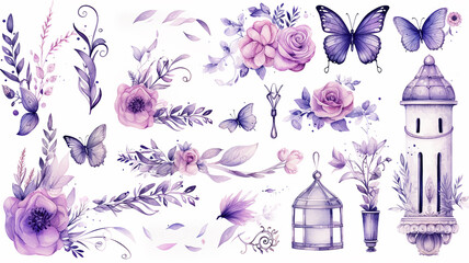 set collection of purple delicate accessories of a fairy princess watercolor drawing isolated on a white background  soft lavender color - obrazy, fototapety, plakaty