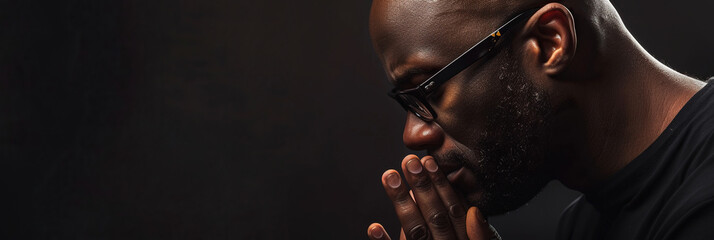 African American Man prays to god on black studio background
