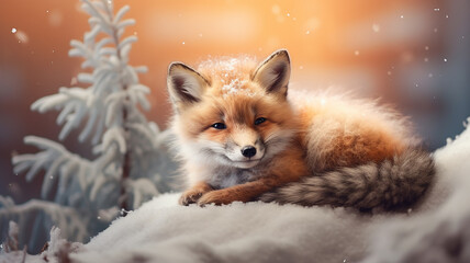 cute fox cub sleeping in the wild on the background of winter at sunset, the incredible beauty of winter wildlife