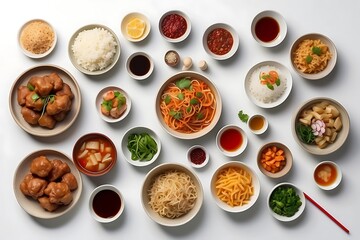 A top view of various Asian spices and seasonings on a white background