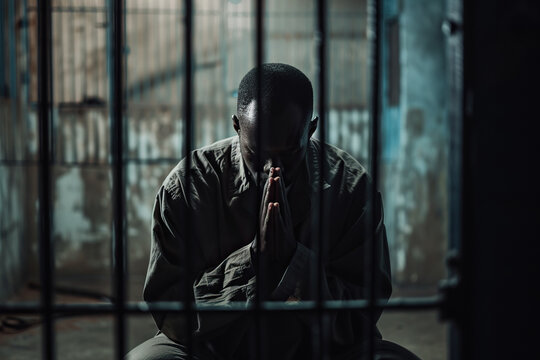 African American man prays to god in dark prison. Cinematic effect