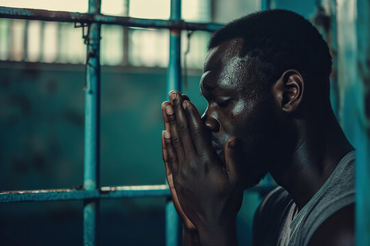 African American man prays to god in dark prison. Cinematic effect