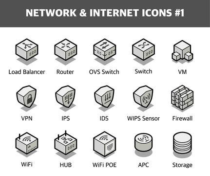 Network-related isometric-icons-set. It stands alone as a single icon on a white background. Used for proposals, web design, etc.
