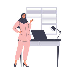 Woman office manager in hijab standing near the table with laptop, flat vector Muslim business female Islamic fashion