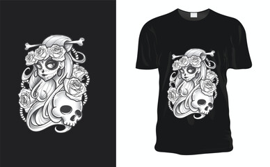 Sugar lady skull vintage monochrome tattoo illustration template Girl with spooky makeup and flowers isolated on with an engraving style Modern Minimalist T-shirt Design