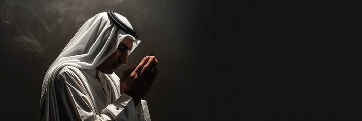 Arabian man prays to god on black studio background
