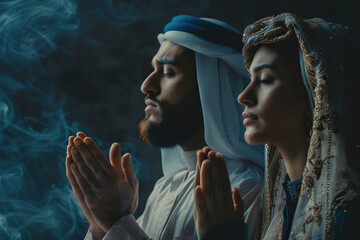 Arabian man and woman prays to god together on dark studio background. Cinematic effect - obrazy, fototapety, plakaty