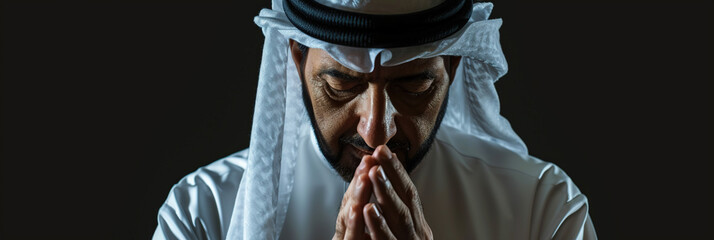 Arabian man prays to god on black studio background - obrazy, fototapety, plakaty