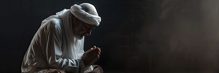 Arabian man prays to god on black studio background - obrazy, fototapety, plakaty