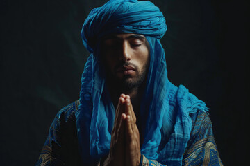 Arabian man prays to god on dark studio background. Cinematic effect