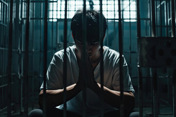 Asian man prays to god in dark prison. Cinematic effect - obrazy, fototapety, plakaty