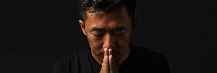 Asian man prays to god on black studio background - obrazy, fototapety, plakaty