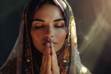 Arabian woman prays to god on dark studio background. Cinematic effect