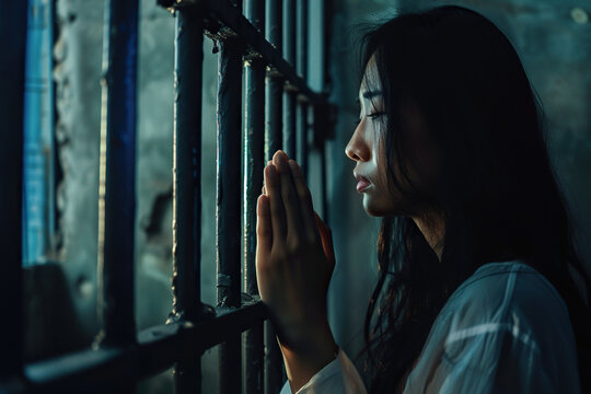 Asian woman prays to god in dark prison. Cinematic effect