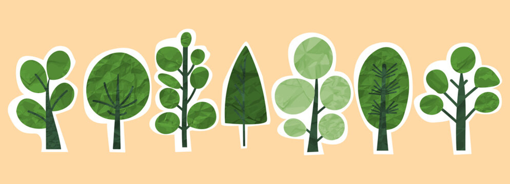 Paper collage of green garden landscape trees bush shrub. Textured organic shape, plant forms, contemporary naive eco vector illustration. Ecological banner with textural elements, forest background