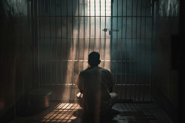 Indian man prays to god in dark prison. Cinematic effec