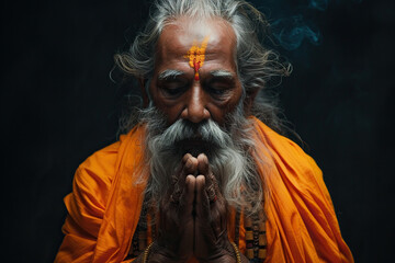 Indian man prays to god on black studio background