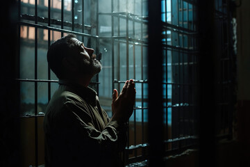 Latin American man prays to god in dark prison. Cinematic effect - obrazy, fototapety, plakaty