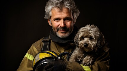 Firefighter with dog with copyspace for text or logo placement