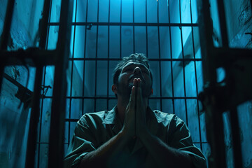 Latin American man prays to god in dark prison. Cinematic effect - obrazy, fototapety, plakaty
