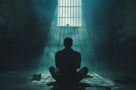 Latin American man prays to god in dark prison. Cinematic effect